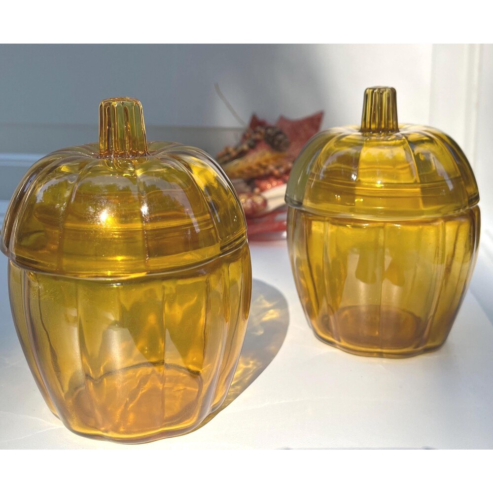 Vintage Anchor Hocking Amber Glass Pumpkin Candy or Cookie Jar, Set of 2